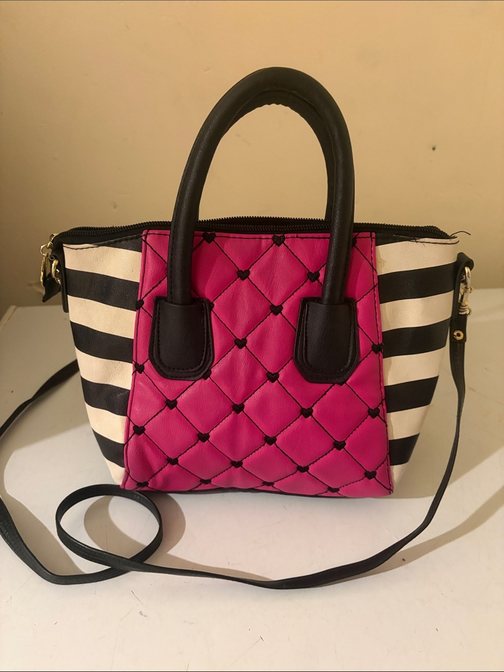 Betsy Johnson Pink Quilted Tote with Black & White Stripes - Picture 3 of 5